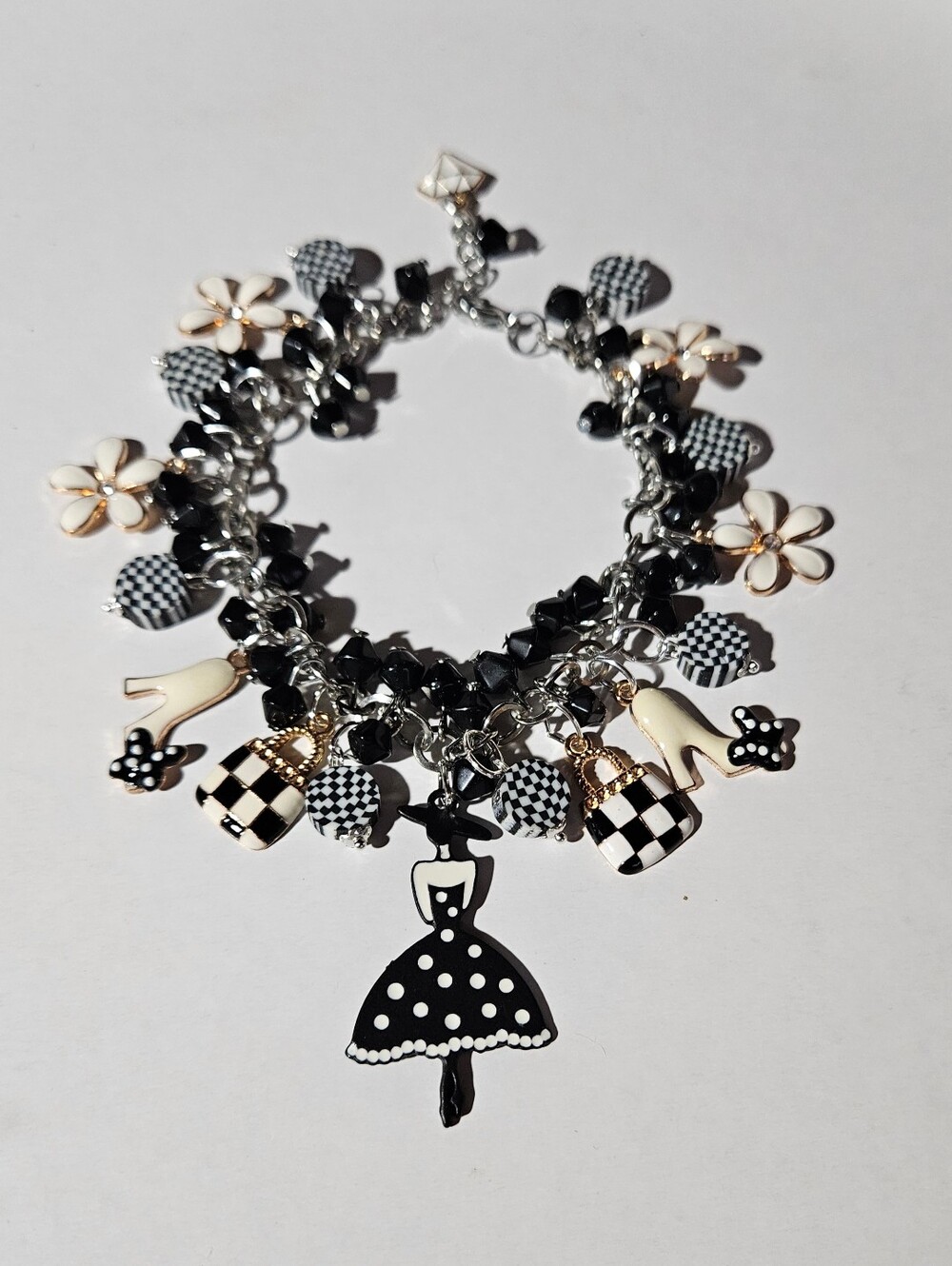 Chic Black & White Cha Cha Charm Bracelet Handcrafted OOAK
